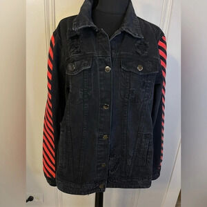 American Bazi Women Distressed Black Denim Jacket with Red‎ Stripe Sleeves SZ L